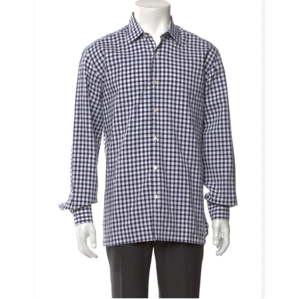 Saks Fifth Avenue Navy Checkered Button Down Men's Small